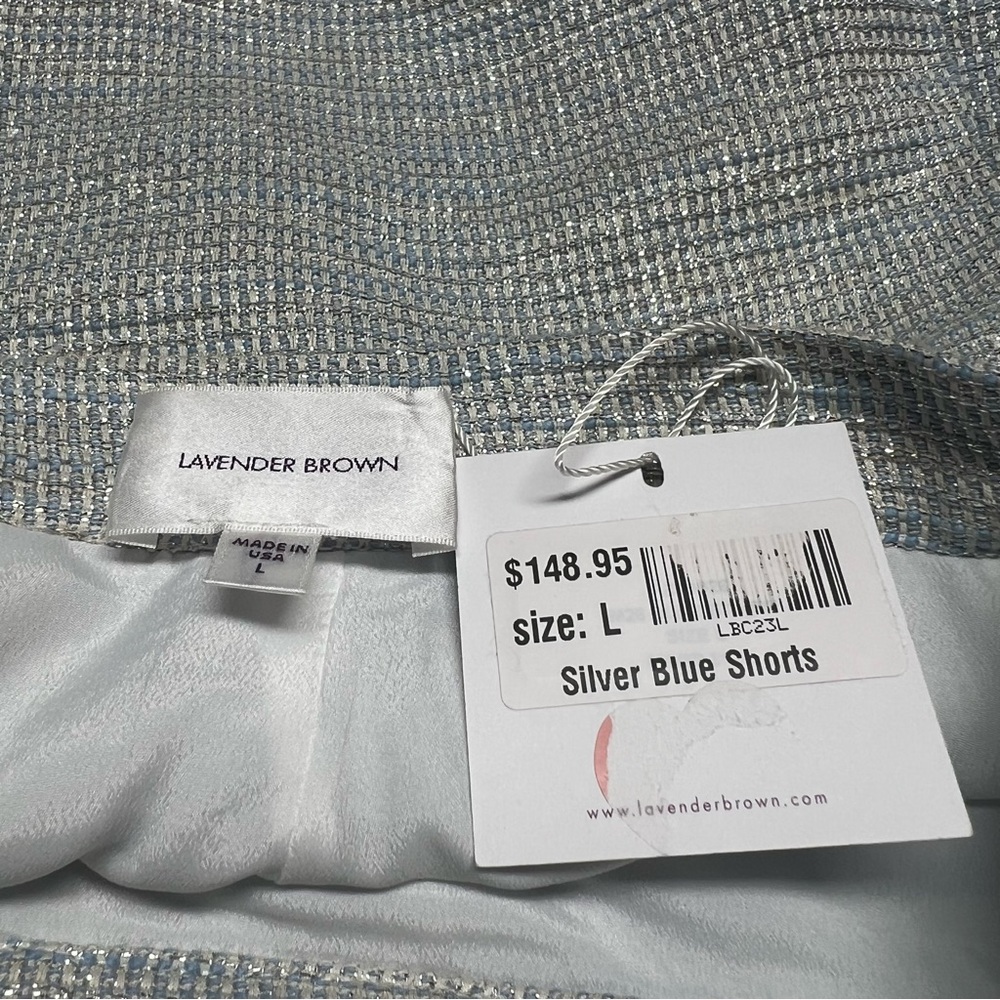 LAVENDER BROWN Silver Blue Tweed Shorts L High Waist Textured Lined Dressy Chic - Picture 3 of 14